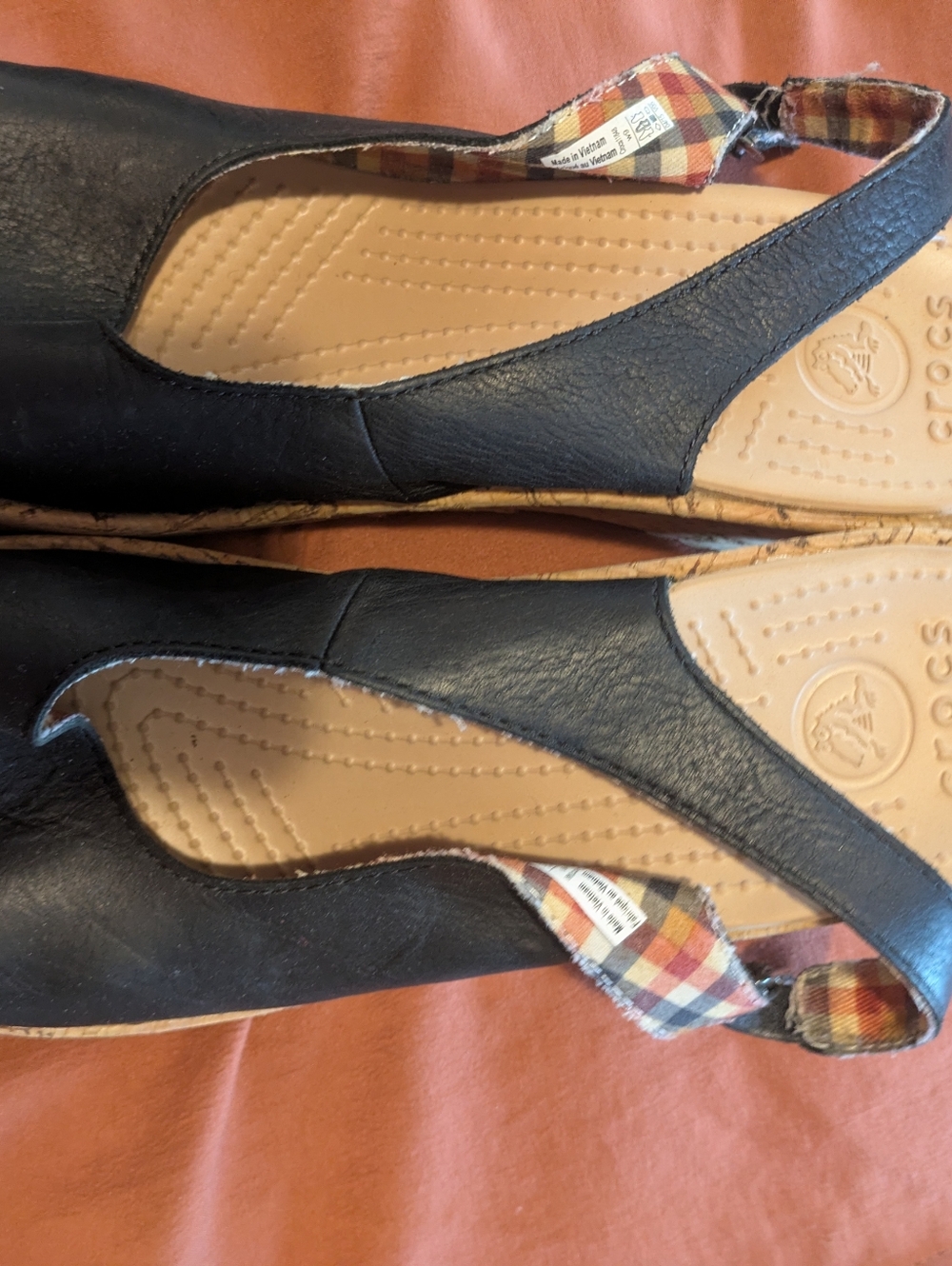 CROCS Women’s Black Leather Slingback Sandals with Plaid Strap